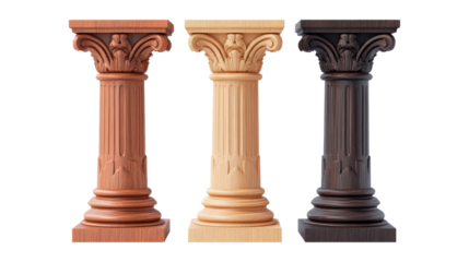 Three wooden columns different colors isolated on a transparent background