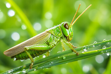 A grasshopper legs appearing larger due to dewdrops on nearby grass