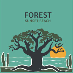 Artistic Tree Landscape Vector with Setting Sun Modern Nature Illustration for Wellness, Branding, and Background Use