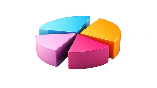 Colorful pie chart segments representing data analysis and market share growth on transparent background