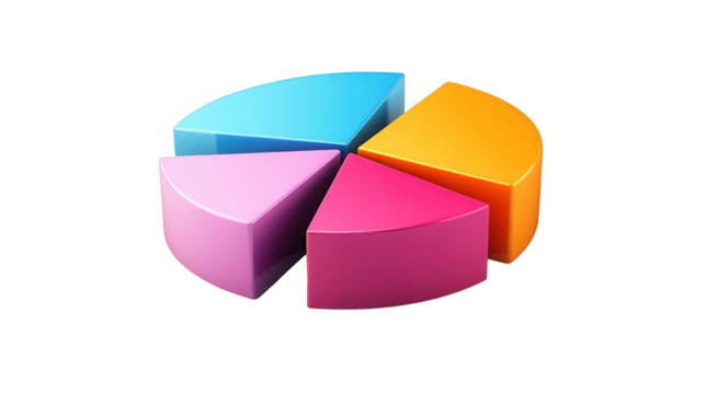 Colorful pie chart segments representing data analysis and market share growth on transparent background
