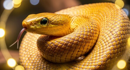 Golden Snake Portrait with Tongue Out in Bokeh Lights.