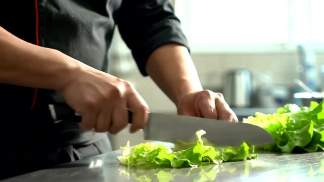 Chef is chopping fresh green lettuce on a stainless steel counter in a kitchen.