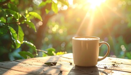 A coffee cup sits on a wooden table bathed in warm sunlight
