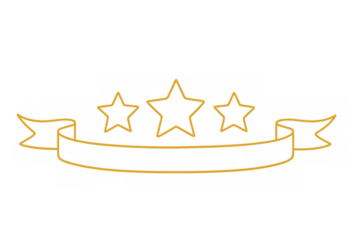 Three gold stars and a scroll ribbon banner indicating excellence rating, quality, achievement on transparent background