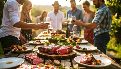 Friends Enjoying a Gourmet Feast with Wine Outdoors  BBQ Party with Sunlight.
