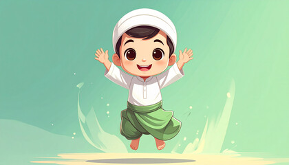 Happy Muslim Boy Wearing White Shirt and Green Sarong Smiling Cheerfully
