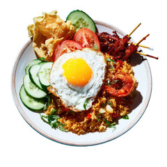 Fried rice bowl with egg, shrimp, skewers, chips, and vegetables