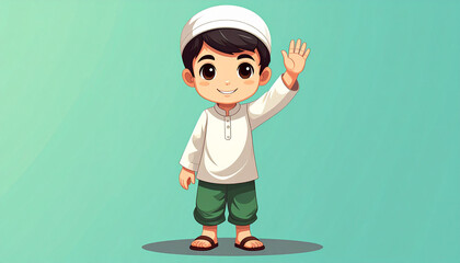Smiling Muslim Boy Wearing White Outfit and Green Pants Waving Hand on Pastel Background