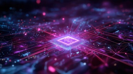 A vibrant digital artwork depicting a central light source surrounded by intricate lines and dots, suggesting a futuristic technological theme.