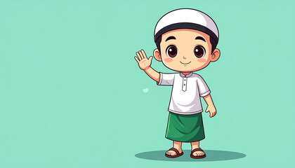 Smiling Muslim Boy Wearing White Outfit and Green Pants Waving Hand on Pastel Background