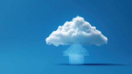A digital cloud with binary code symbolizes data storage and cloud computing in a clear blue background.