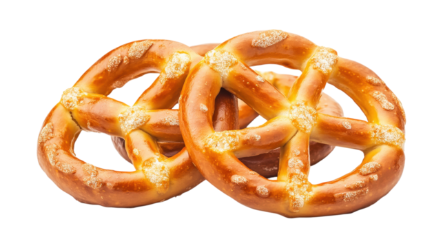 Two golden brown pretzels with salt isolated on a transparent background