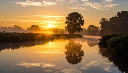 Fototapeta premium Golden Sunrise Reflections on the River - A Serene Landscape.