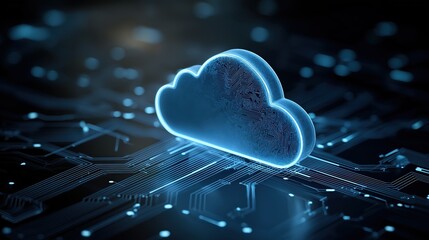 A glowing cloud symbol over a circuit board background, representing cloud computing and technology.