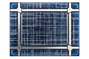 Close-up of a futuristic blue and silver computer processor chip isolated on a transparent background