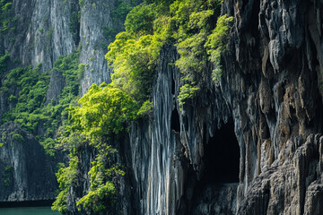 A hidden cave behind a limestone waterfall
