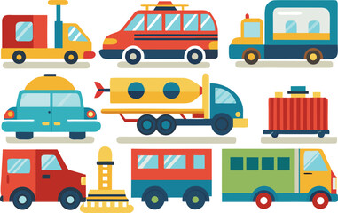 Colorful cartoon vehicles collection for children's educational content, playful designs for transportation projects and creative illustrations
