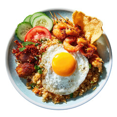 Nasi goreng meal fried rice, egg, shrimp, cucumber, tomato, cracker