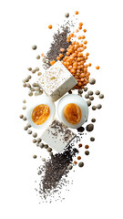 Array of proteins, eggs, tofu, lentils, and seeds against black