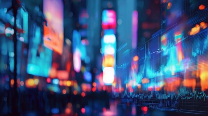 A vibrant, abstract cityscape with colorful lights and digital elements, conveying a sense of technology and urban life.