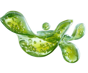 Translucent green liquid swirling, with suspended bubbles