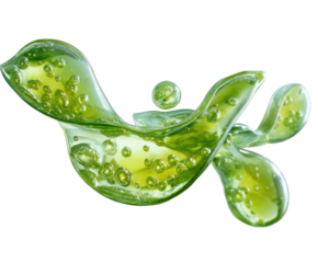 Translucent green liquid swirling, with suspended bubbles