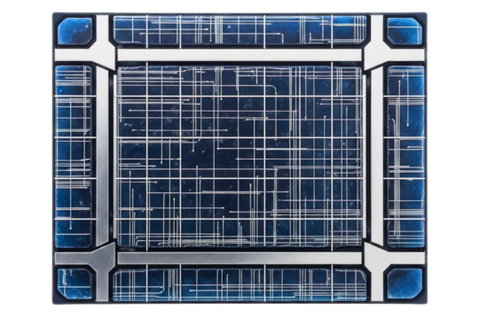 Close-up of a futuristic blue and silver computer processor chip isolated on a transparent background