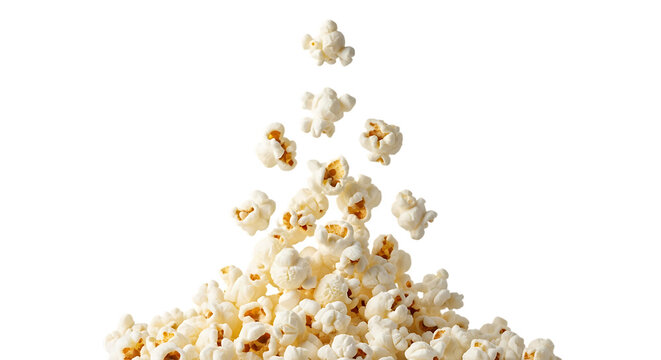 Puffed white popcorn kernels tumbling and piled high isolated on a transparent background snack food