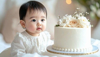 A baby dressed in white is curiously gazing at a beautifully decorated white cake with floral accents during a special celebration.