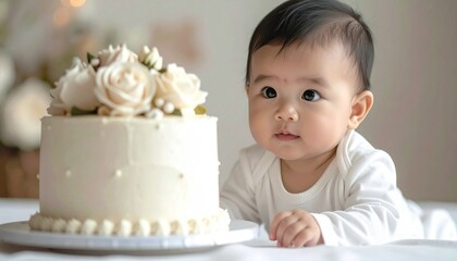 A baby dressed in white is curiously gazing at a beautifully decorated white cake with floral accents during a special celebration.
