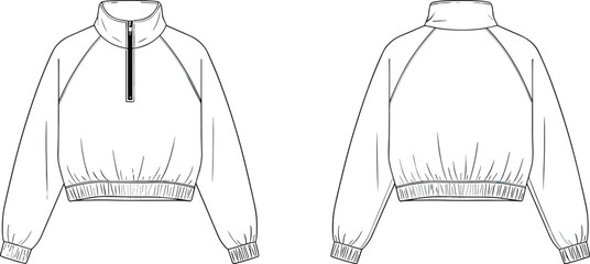 Men’s pullover fashion sketch, long sleeve garment design, high collar apparel, half zipper clothing style, CAD drawing, flat vector illustration