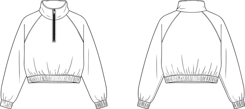 Men&rsquo;s pullover fashion sketch, long sleeve garment design, high collar apparel, half zipper clothing style, CAD drawing, flat vector illustration