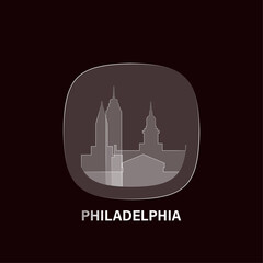 Obraz premium Philadelphia, USA Pennsylvania state: icon and logo prototype with glass liquid effect. Flat emblem with shapes of landmarks. Concept for mobile app, sticker, web element