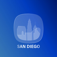 San Diego, USA California state: icon and logo prototype with glass liquid effect. Flat emblem with shapes of landmarks. Concept for mobile app, sticker, web element
