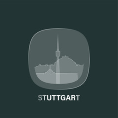 Stuttgart, Germany: icon and logo prototype with glass liquid effect. Flat emblem with shapes of landmarks. Concept for mobile app, sticker, web element