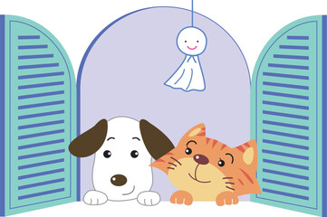 窓辺の犬と猫とてるてる坊主
