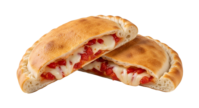 Two golden brown calzones cut in half showing melted mozzarella cheese and tomato filling isolated on a transparent background