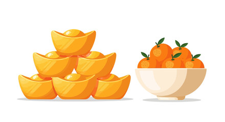A vibrant illustration featuring gold ingots stacked and a bowl of fresh oranges, symbolizing prosperity.