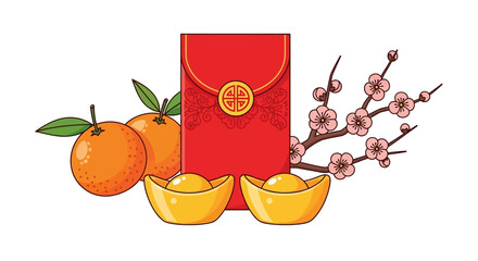 Chinese New Year illustration with oranges, gold ingots, red envelope, and plum blossoms.