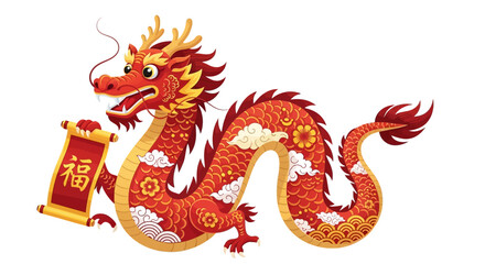 A vibrant red and gold Chinese dragon holding a scroll with the character for good fortune, symbolizing prosperity and celebration.