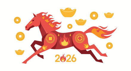 Stylized red fire horse, the Chinese zodiac symbol for 2026, surrounded by gold coins and ingots.