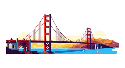 A vibrant illustration of the iconic Golden Gate Bridge spanning across a body of water with hills in the background.