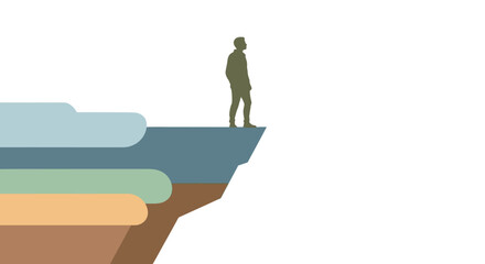 Man on colorful cliff edge, simple design. Suitable for travel, adventure, motivational content, and outdoorthemed projects. Minimalist art style.