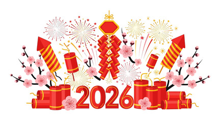 Obraz premium Celebration with fireworks, pink blossoms, and 2026. Ideal for new years eve, holiday backgrounds, party invitations, and festive marketing.