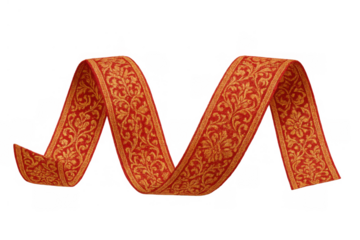 Red brocade ribbon with elegant golden floral pattern, curling and flowing, decorative textile on transparent background