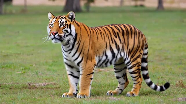 there is a tiger walking in the grass in the field