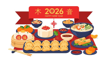 Chinese new year feast with traditional foods, suitable for holiday design projects, culinary blogs, cultural magazines, greeting cards, and festive celebrations.