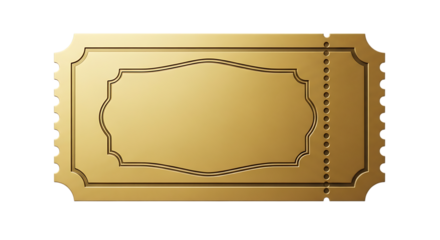 Ornate Golden Ticket with Decorative Border and Perforated Edge isolated on a transparent background