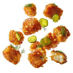Fried fish pieces with pickles and dill, floating